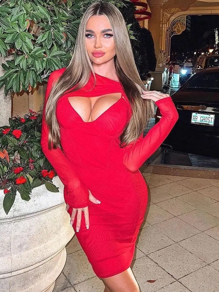 

Ailigou Women's Red Hollow V-neck Sexy Mid-length Bandage Dress Long Sleeve Elegant Celebrity Party Dress Vestidos 2022 New
