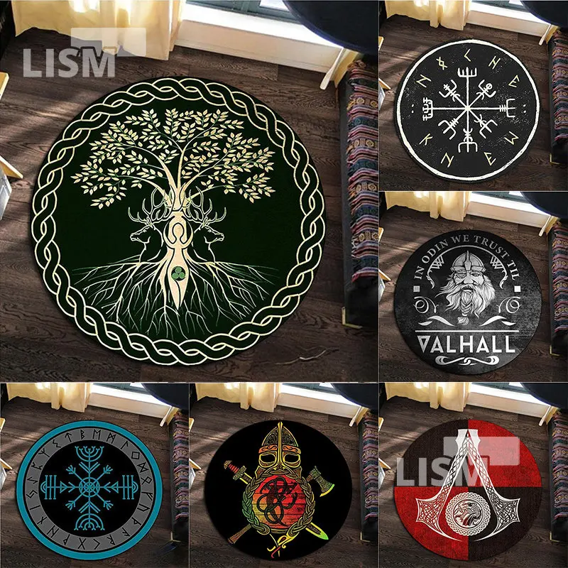 

Viking Tree Symbol Rune Round Carpet Area Rug Side Table Sofa Foot Pad Floor Mats Chairfor Bedroom Playroom Living Room Decor