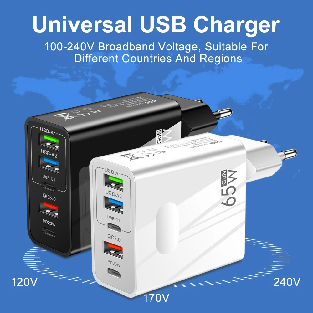 65W Fast Charging 3USB 2PD Quick Charger For Xiaomi iPhone 14 13 Pro Samsung Huawei Mobile Phone Dual Ports Wall Power Adapter