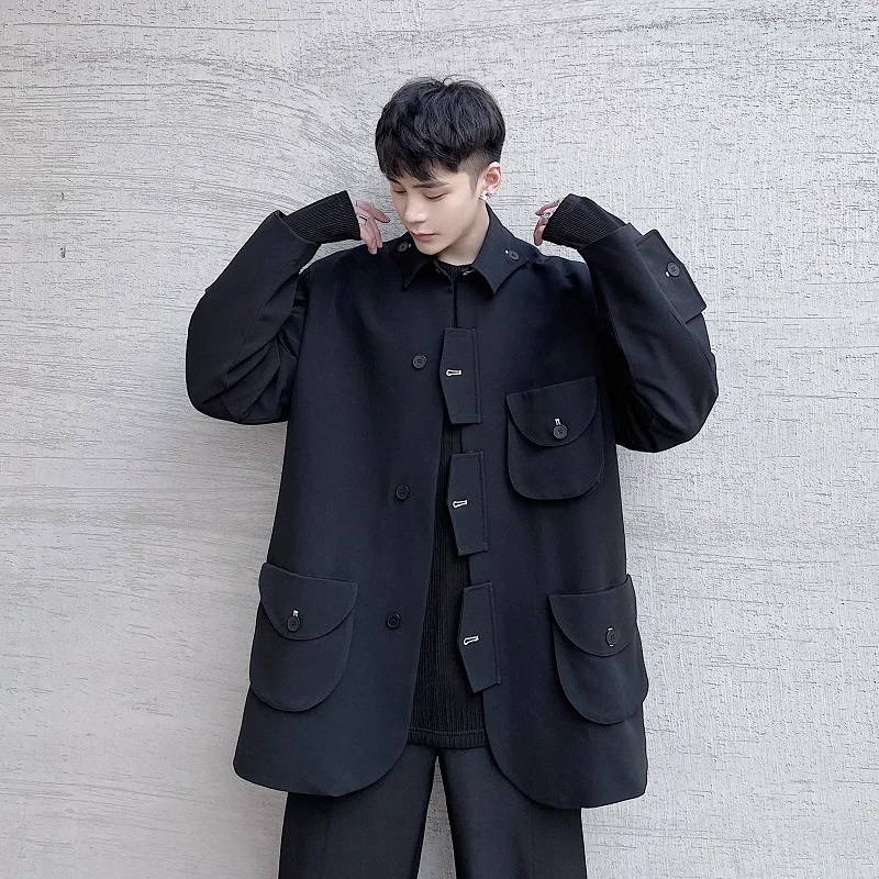

Autumn Dark Design Stand Collar Multi Pocket Individual Male Retro Loose Coat Windbreaker Streetwear Outerwear Shirt Jackets