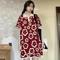 womens slim lapel knitted sweater dress 2022 summer sweet print korean style fashion mid length bottoming red black dresses
