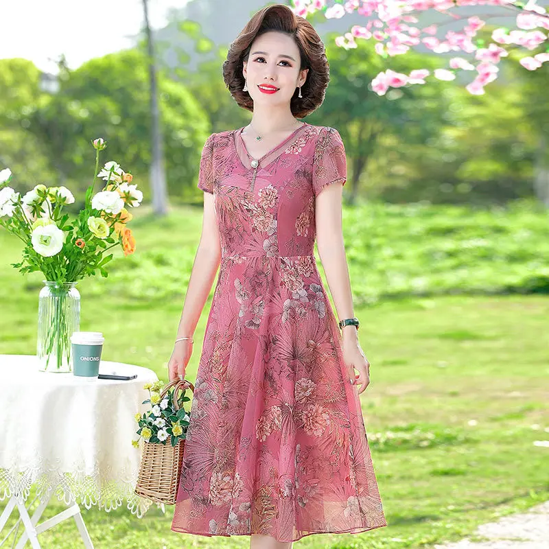 Women Hollow Out Polo Collar Short Sleeve A-line Dress Ladies Elegant Floral Printed Midi Calf Pullover Summer Long Dresses M382