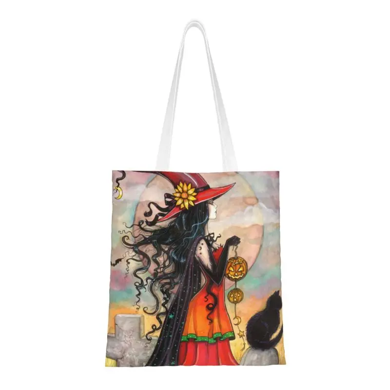 

Halloween Witch And Black Cat Fantasy Art Groceries Shopping Bags Canvas Shopper Shoulder Tote Bag Occult Gothic Wiccan Handbag
