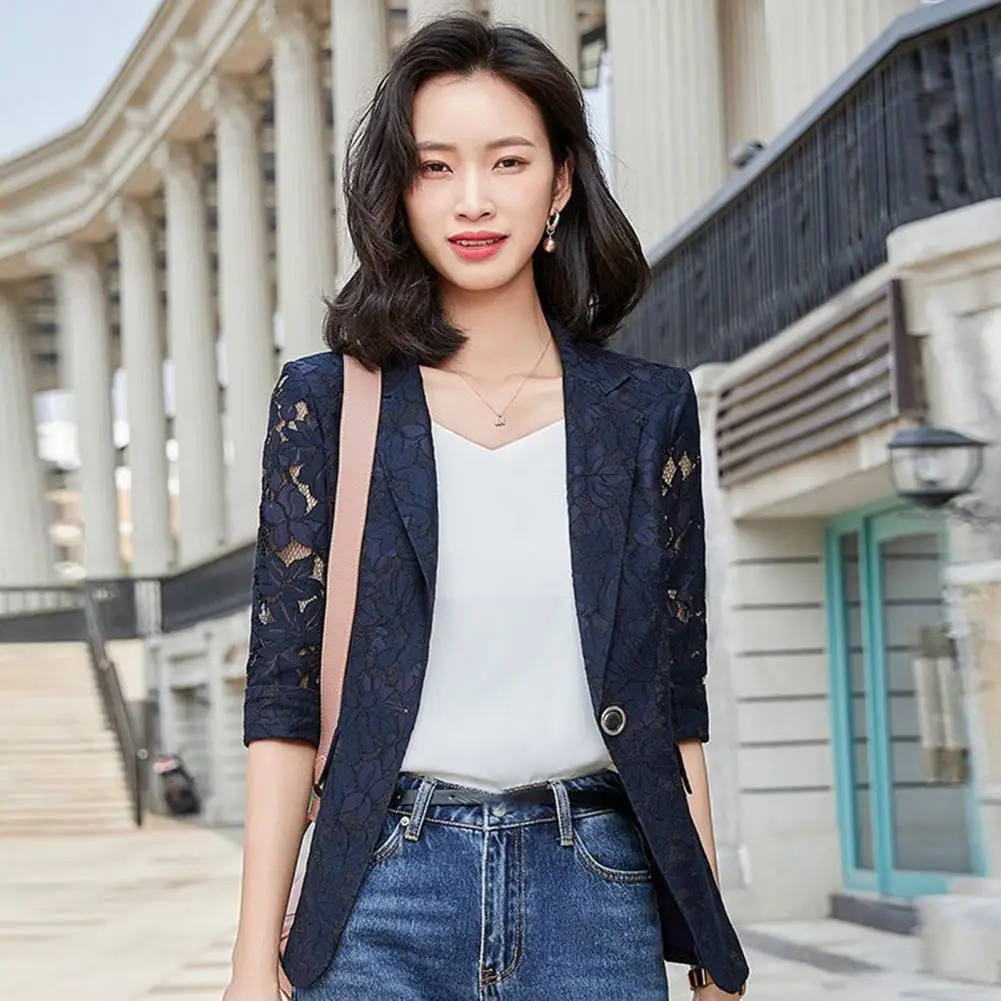 

Blazer Women Elegant Hollow Out Single Button Solid Color Lace Warm See-through Cardigan Blazers Jackets for women chaquetas