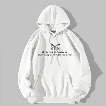 Letter Graphic Sweatshirts Women 2022 Fashion Butterfly Print Hoodies Korean Style Women's Hooded Pullover Tops Oversized Hoody 1