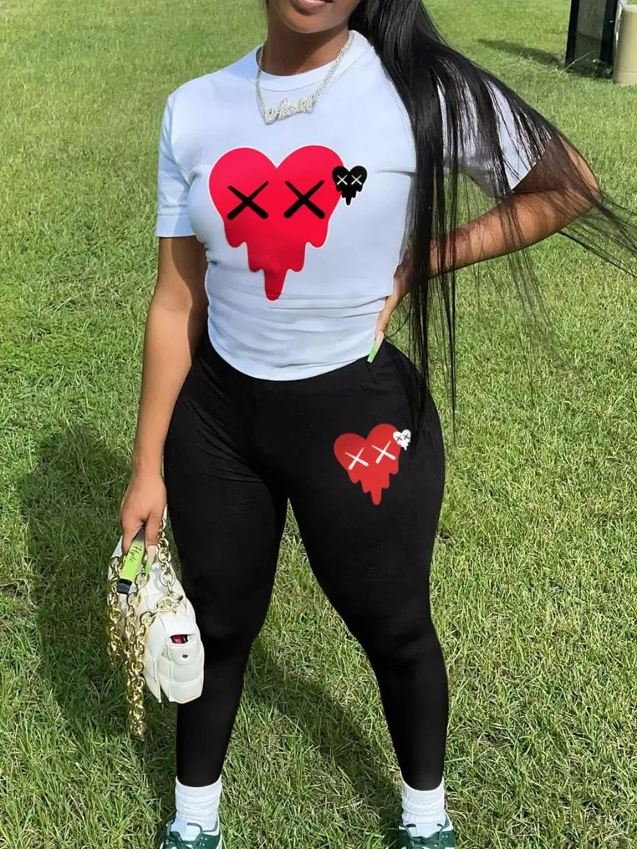 LW Plus Size Women Two Piece Sets Heart Print Skinny Pants Set summer short sleeve Outfits Tracksuits Streetwear 2pcs Suits