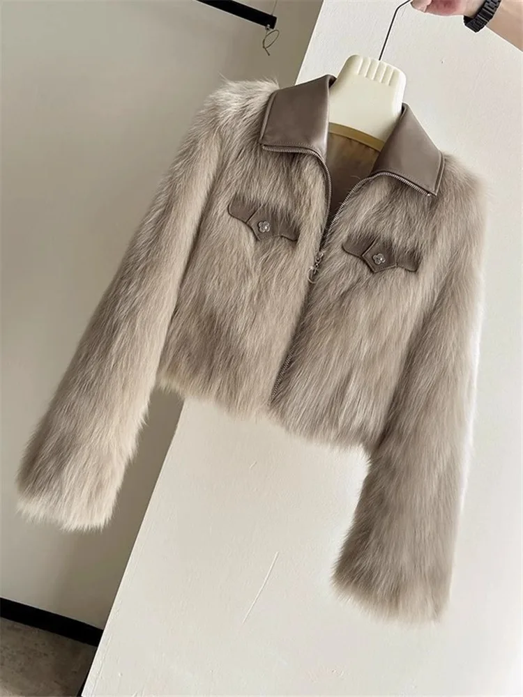 Женская шуба с откидным воротником из искусственного лисьего меха новинка 2024