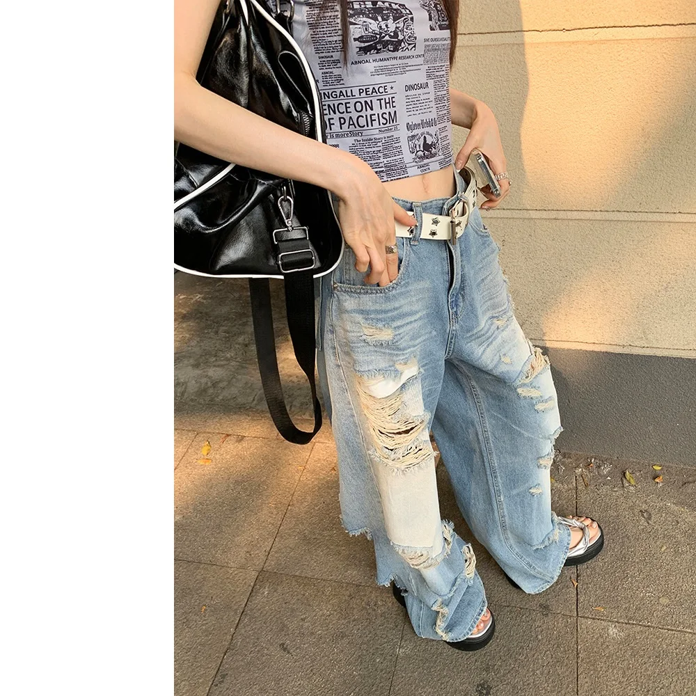 American Vintage High Street Beggar's Worn Washed Jeans Women's 2023 Summer New INS Loose Wide Leg Casual Pants