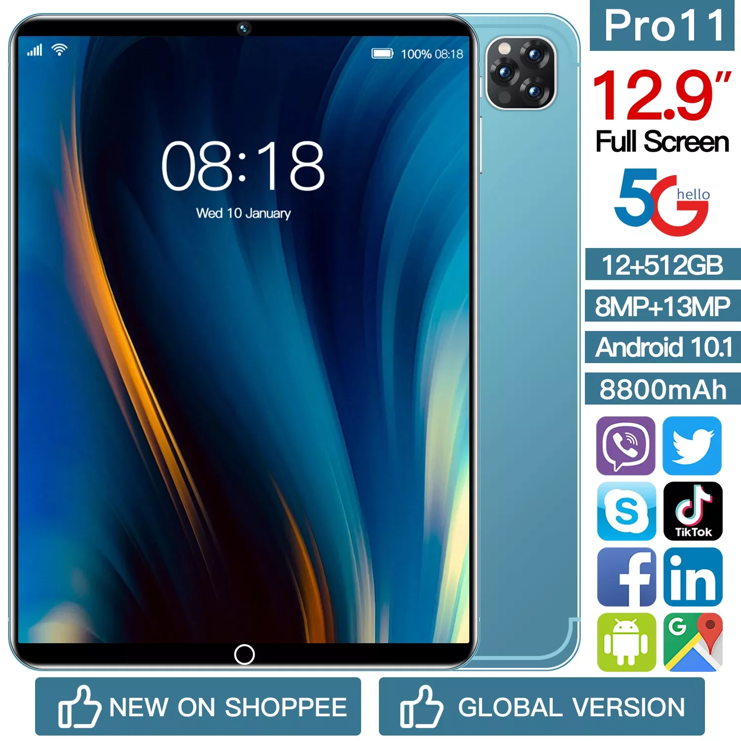 

Планшет с 10,1-дюймовым дисплеем, Android 10, 2 Sim-карты, 12,9 мАч