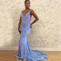 sparkling sequined mermaid prom dresses 2022 spaghetti backless sweep train elegant african evening dresses women party gowns