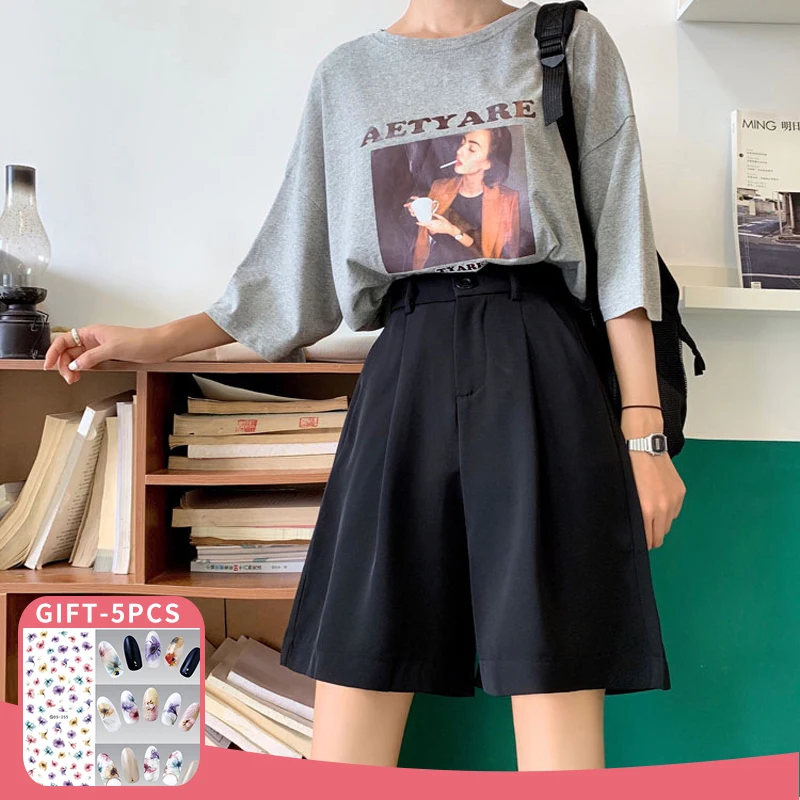 

Women's Shorts Loose Summer 2022 Korean Fashion Thin Black Straight Suit Shorts Casual Women Clothing Harajuku High Waist Pants