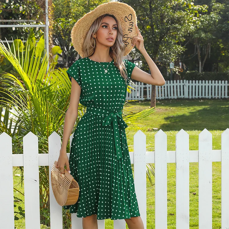 Summer Hot Selling European and American Medium and Long Skirt Short Sleeve Lace Up Polka Dot Pleated Dress Dress for Women