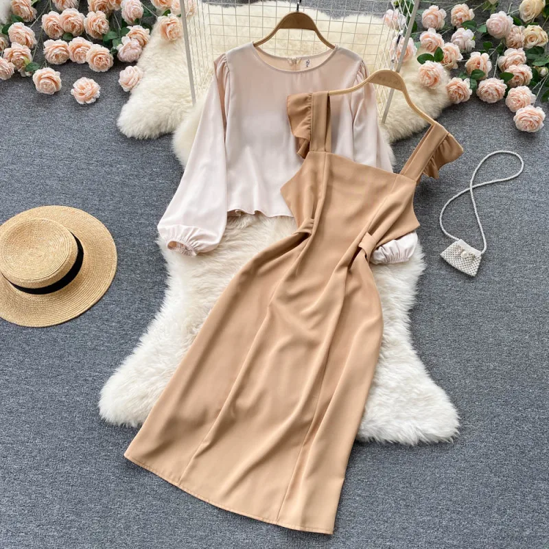 

Женский комплект из 2 предметов, элегантная шифоновая блузка с пышными рукавами и длинное платье-жилет с бантом и оборками, весна 2022