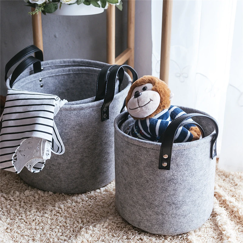 

Felt Laundry Basket Portable Storage Bin Children Toy Storage Barrel Round Hamper Dirty Clothes Basket Closet Organizer Bucket