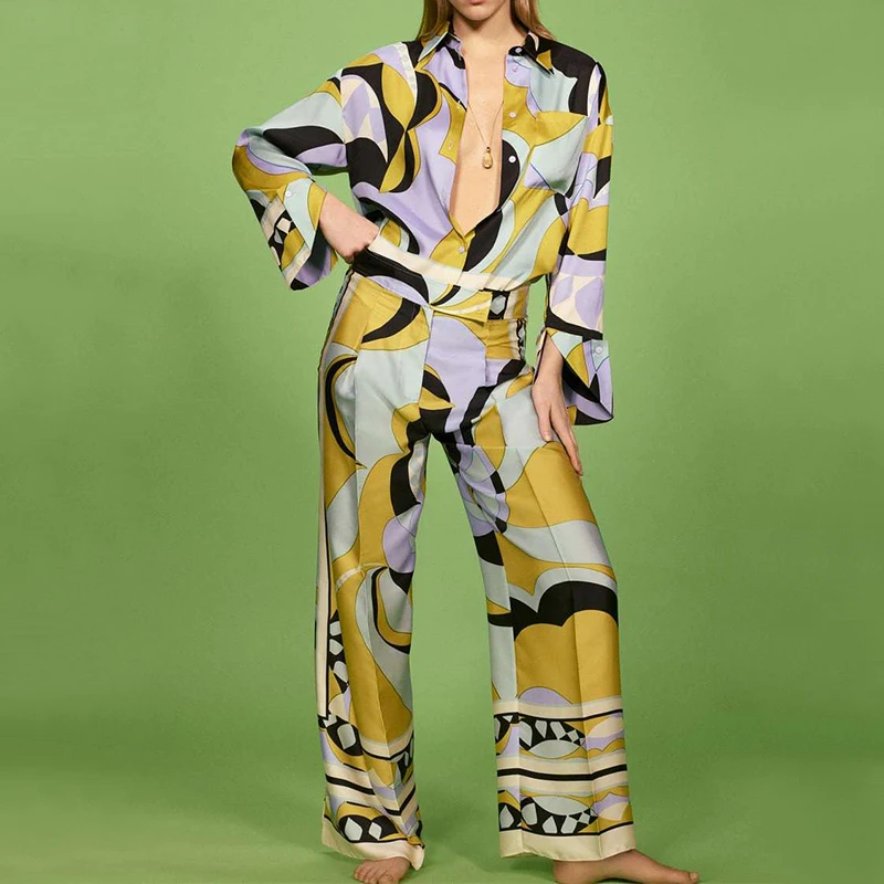

Spring 2022 Women Geometry Print 2 Pieces Sets Long Sleeve Single Breasted Shirt And High Waist Wide Leg Long Female Pants Set