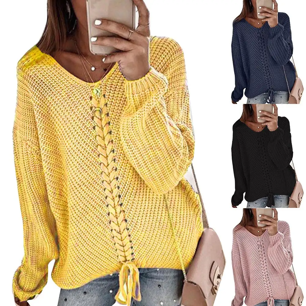 

Fashion Sweater Women Solid Color V Neck Long Sleeve Sweater Drawstring Casual Knitted Sweater Grey pull
