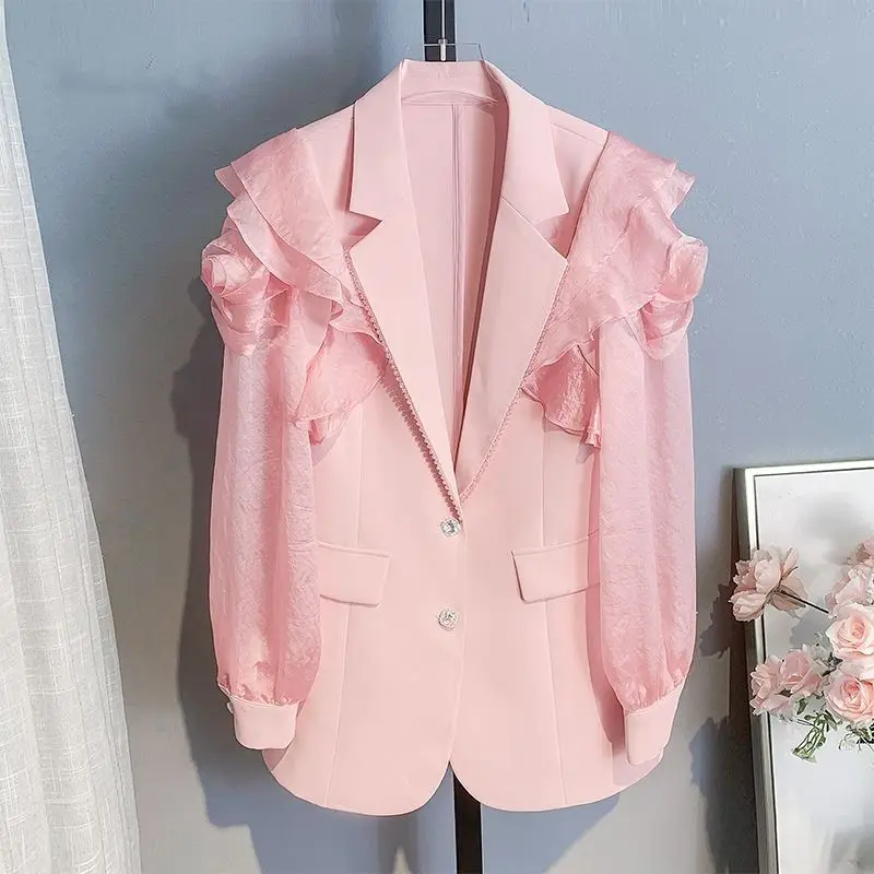 Luxury Chic Long Sleeve Blazer Women Ruffle Black Blazer White Suit Spring Summer Slim Jacket Thin Coat Patchwork Cardigan