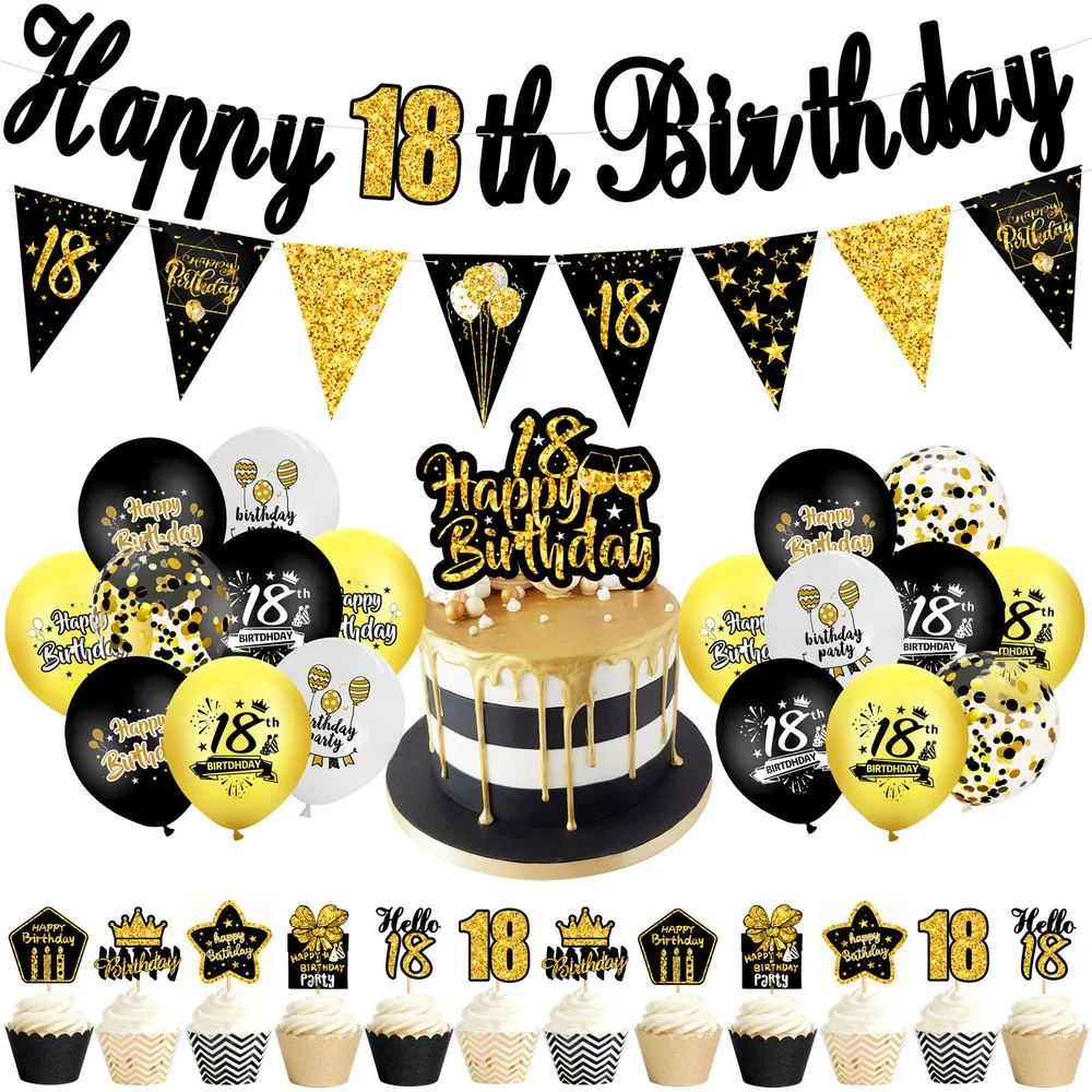 

Black Gold Balloon 18th 30th 40th 50th 60th Happy Birthday Banner Confetti Balloons Adult Birthday Party Decorations Cake Topper