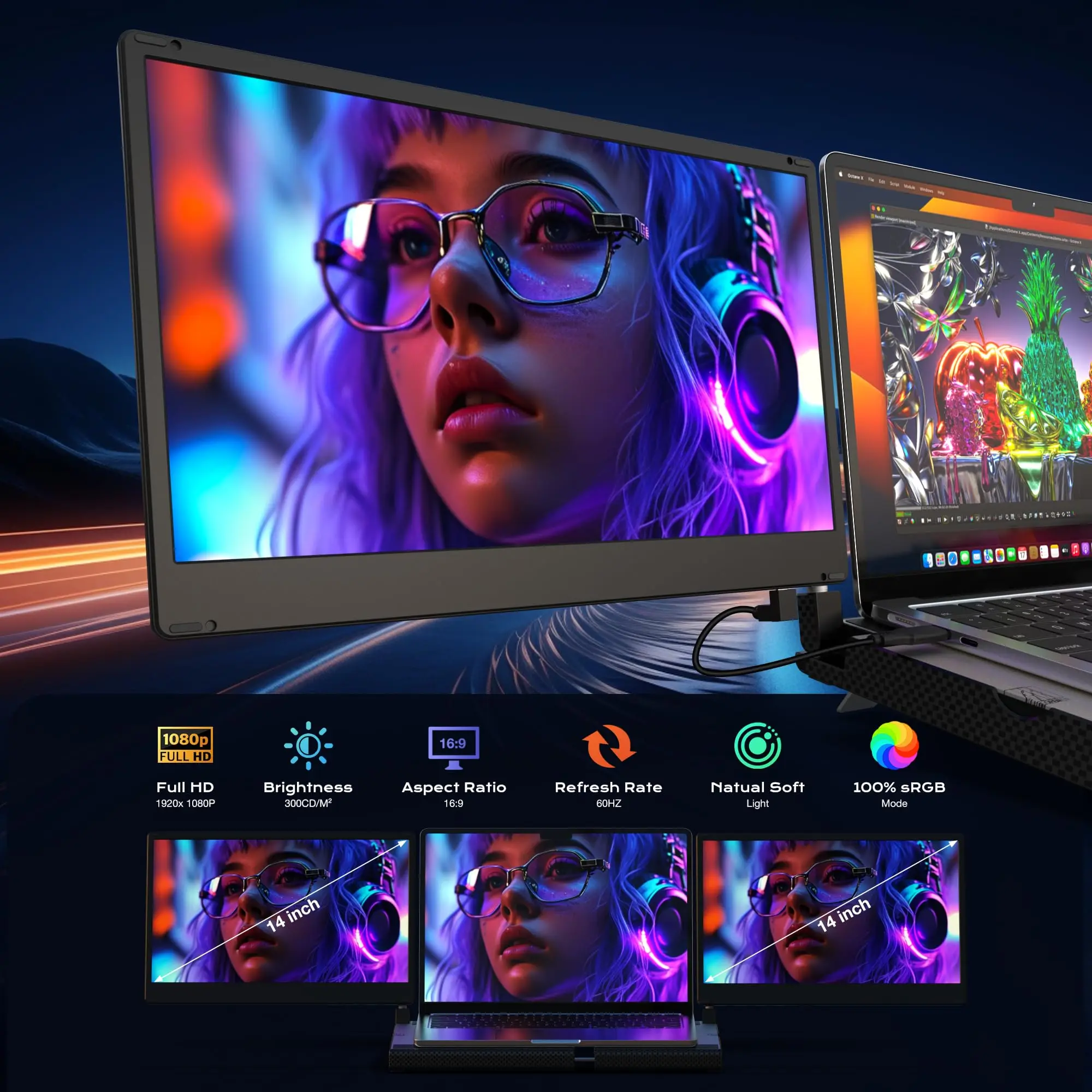 Фото Для Mac/Wins/Chrome 14-дюймовый ЖК-дисплей Plug Play IPS, легко складной, с несколькими дисплеями, USB C, удлинитель экрана ноутбука №2