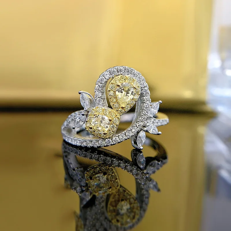 

Новинка 2023, роскошное желтое кольцо с бриллиантами в европейском и американском стиле из серебра 925 пробы, модное универсальное