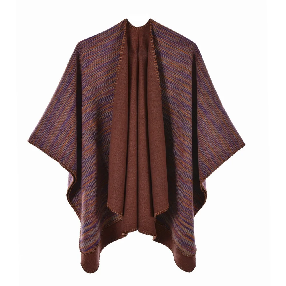 

Women's Knitting Double-sided Shawl Irregular Stripes Autumn Winter Fashion Street Poncho Lady Capes Coffee Cloaks