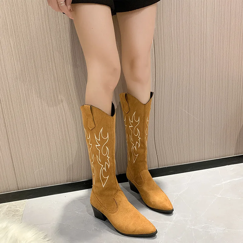 Western Cowboy Boots Women Mid-Calf Square Heels Booties Ladies Runway Fashion Embroidery Flock Shoes Woman Pointed Botas Mujer