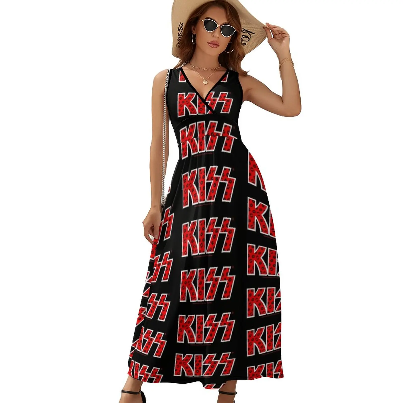 

Kiss Band Dress Black Lips Logo Sexy Maxi Dress High Waist Korean Fashion Boho Beach Long Dresses Summer V Neck Graphic Vestido
