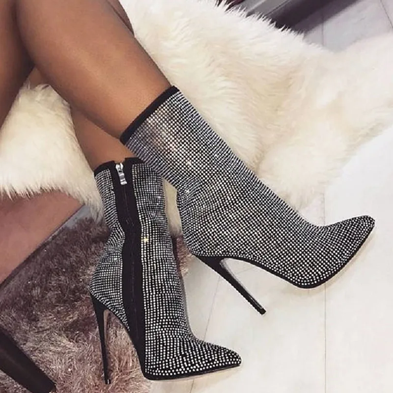 

Women Rhinestones Ankle Boots Size35-42 High Heels Shoes Woman Zip Pointed Toe Sexy Shoes Woman Motorcycle Boots for Females
