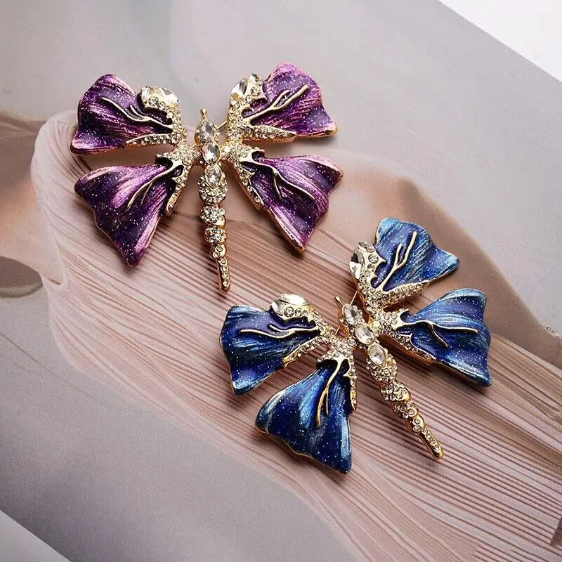 Shiny Rhinestone Dragonfly Butterfly Brooch Vintage Painted Drip Glaze Insect Pins Women Luxury Clothing Accessories Enamel Pin