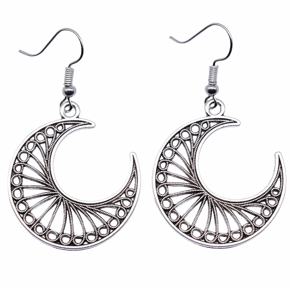 Старинные антикварные серебряные Цвет 30x34 мм полые серьга в форме Луны разъем