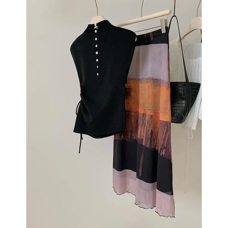 Лето 2024 дизайн заката чувствительность асимметричный Вязаный топ с завязкой