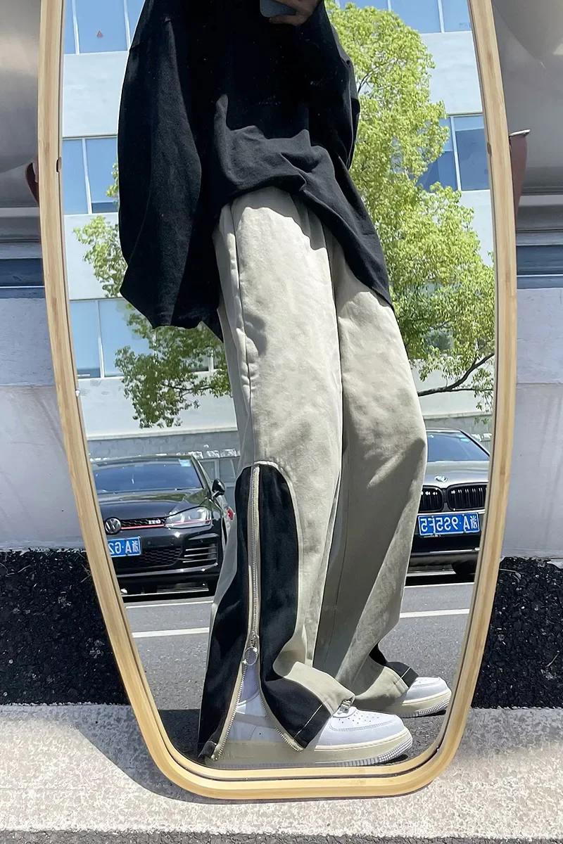 

NEW IN Side Zipper Casual Wide Leg Pants Khaki/Black Men 2022 Spring Streetwear Loose Straight Pant Mens Patchwork Trousers