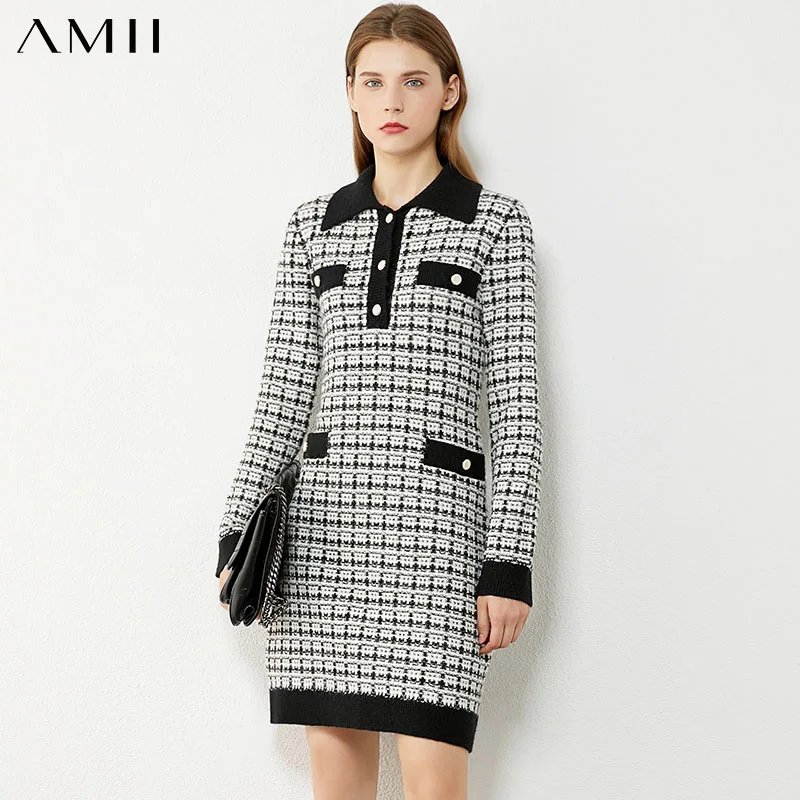 

Amii Minimalism Autumn Winter Dresses For Women Fashion Tweed Dress Lapel Full Sleeve Temperament Sweater Dress 12040970