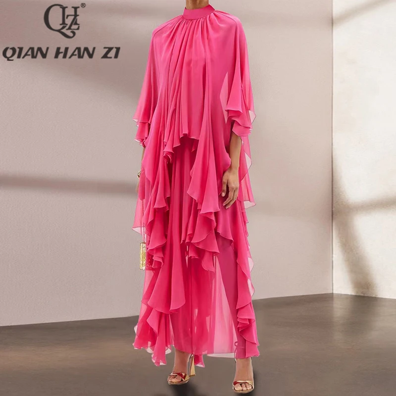 Qian Han Zi Designer Fashion vacation long dress woman Cape sleeve Vintage luxury multilayer Ruffle edge Elegant Maxi dress