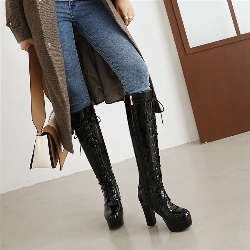 Big Size Women Knee-high Platform Boots 10cm High Chunky Heel Black Red Sexy Party Club Lady Round Toe Lace-up Zipper Long Boots