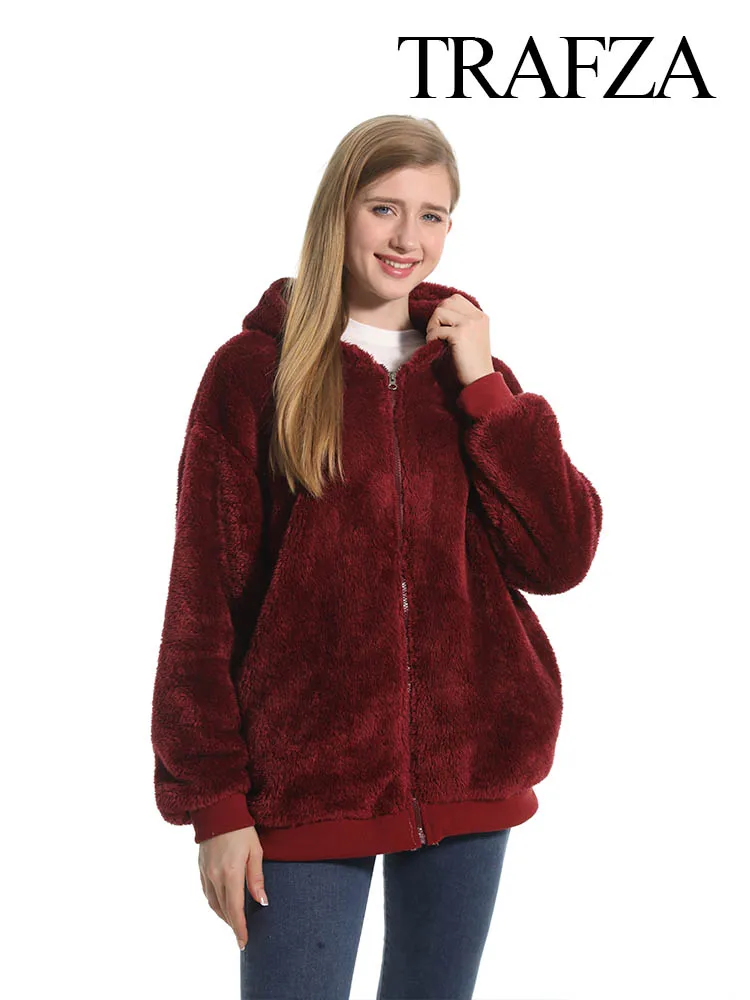 

TRAFZA Women Winter Warm Jacket Casual Cute Prints Hooded Hoodie Loose Fit Sweatshirt 2024 Female Fleece Sweatshirts