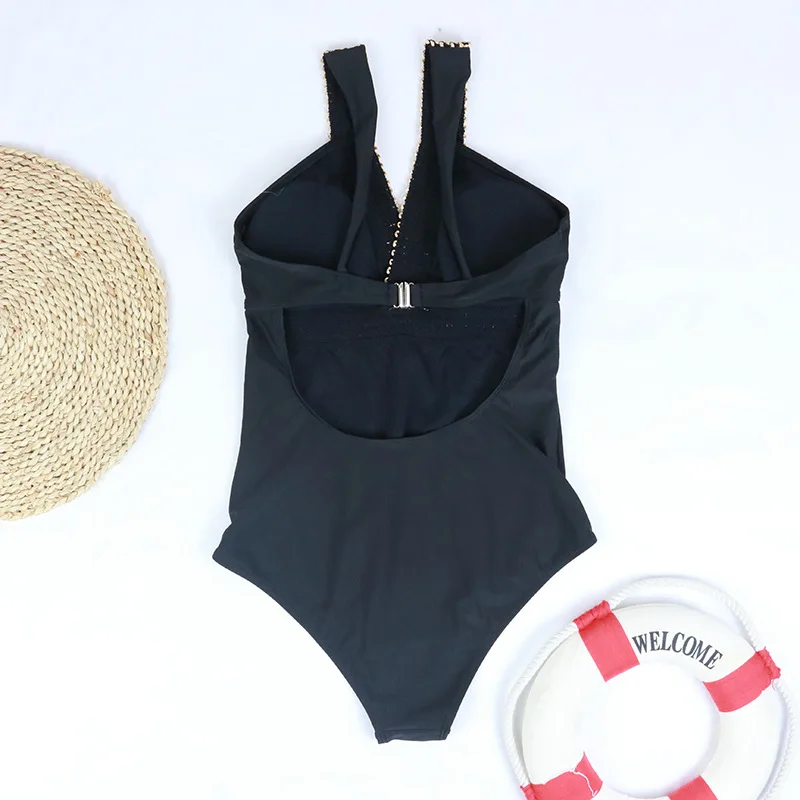 Сексуальный слитный купальник с открытой спиной женское бикини пуш-ап черный