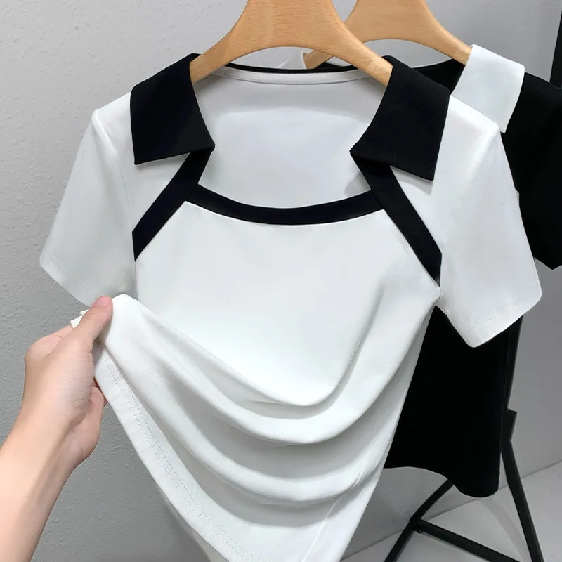 

Short sleeved T-shirt Women's Summer 2023 European New Contrast Polo Collar Cotton T-shirt French Important Design Sense Top