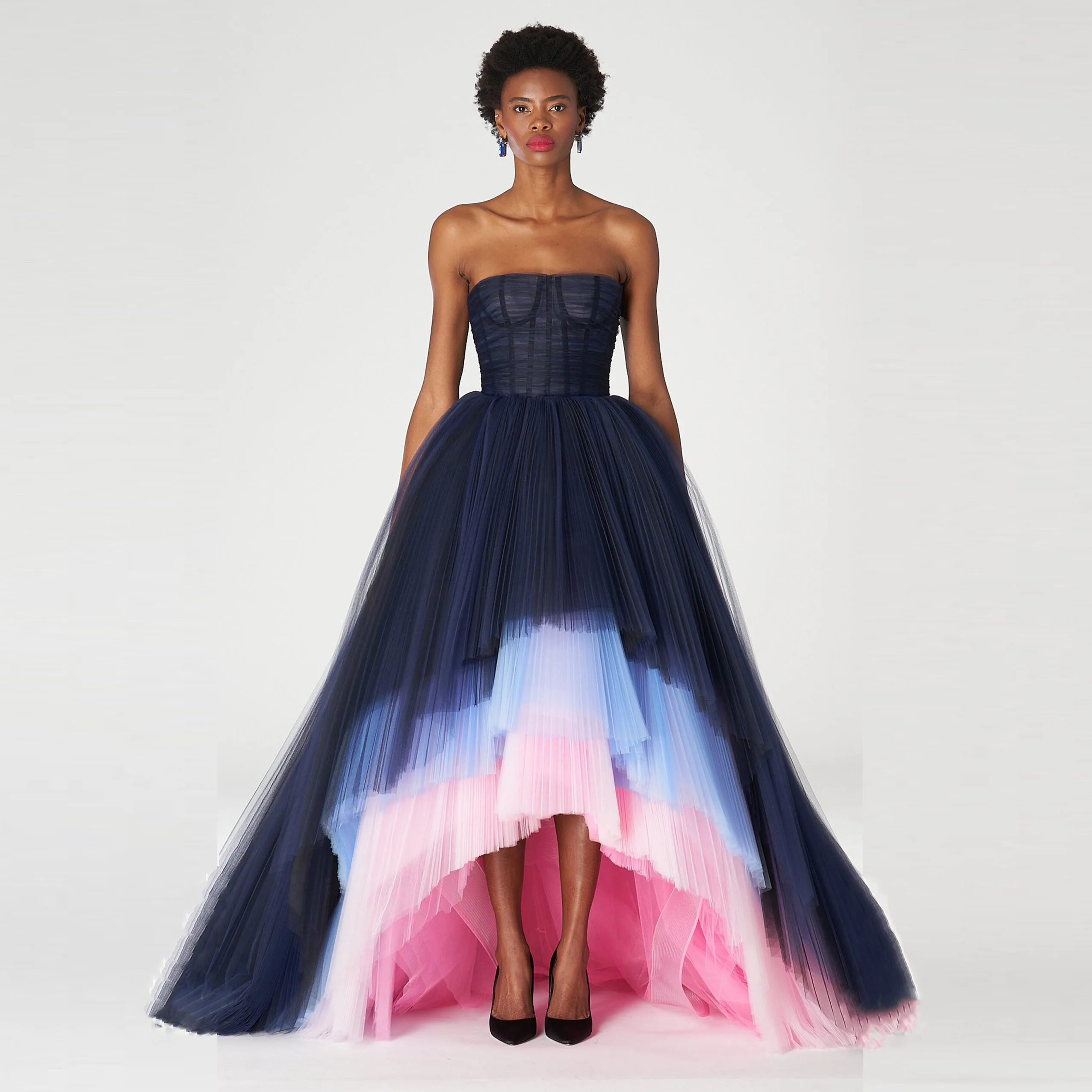 

Multi Tiered Pleated Tulle Party Dresses High Low Fashion Colorful Women Prom Gowns Long Formal Dress 2023 New Celebrity Dress