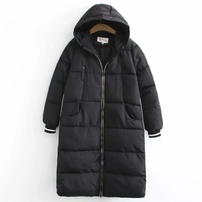5xl Winter Padded Jacket Plus Size Women Clothing Loose Fit X-Long Parka Hooded Zipper Striped Placket Thick Down Cotton Coat