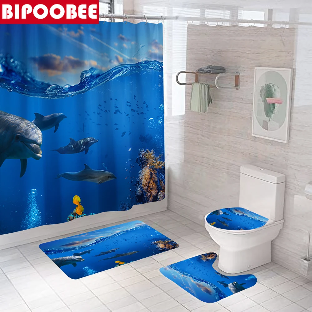 

Ocean Scenery 3D Shower Curtain with Hooks Dolphin Sea Creature Bathroom Curtains Bath Mat Rugs Non-slip Carpet Toilet Lid Cover