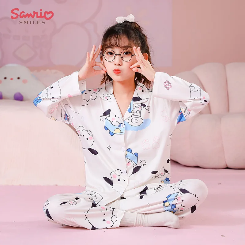

Anime Sanrio Pochacco Cinnamoroll Children Pajamas Kawaii Kuromi My Melody Autumn Winter New Long Sleeve Neck Cardigan Nightwear
