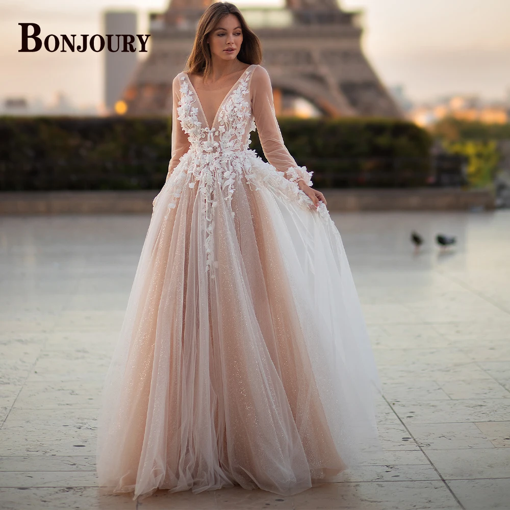 

BONJOURY Shining Wedding Dresses Long Sleeves O-Neck For Women Mariages Bride A-LINE Appliques Vestidos De Novia Custom Made