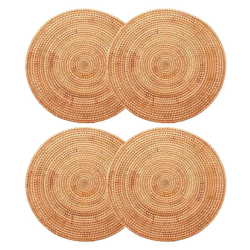 

4 Pack Handwoven Rattan Placemats,Round Wicker Table Mats, Natural Woven Placemats for Dinner Table,Heat Resistant Mats