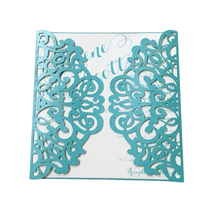 

Elegant Pink Blue Pearl Paper Laser Cut Wedding Invitation Card Lace