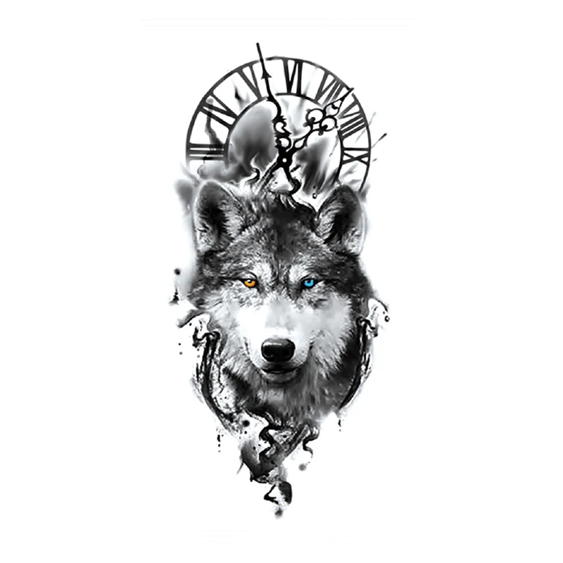 

Водостойкая Временная тату-наклейка с волком, оранжевыми, синими глазами, черные часы, дизайнерские Временные татуировки флэш-тату, боди-ар...