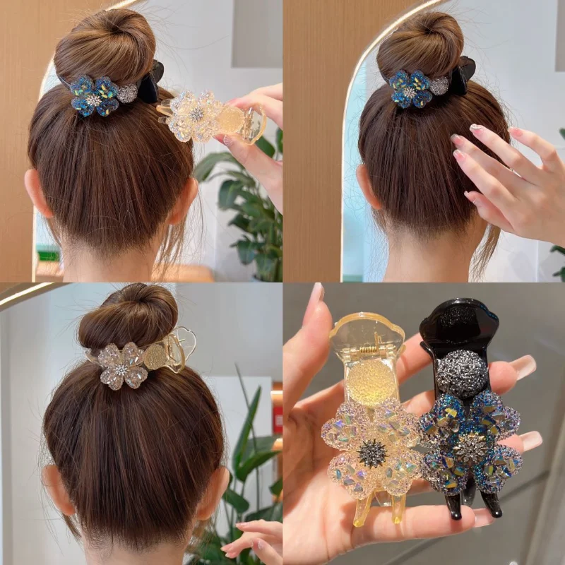 

Crystal Four Leaf Grass Ball Head Female Grab Clip High Horsetail Fixed Artifact Rear Head Spoon Pan Hair Shark Clip Headwear