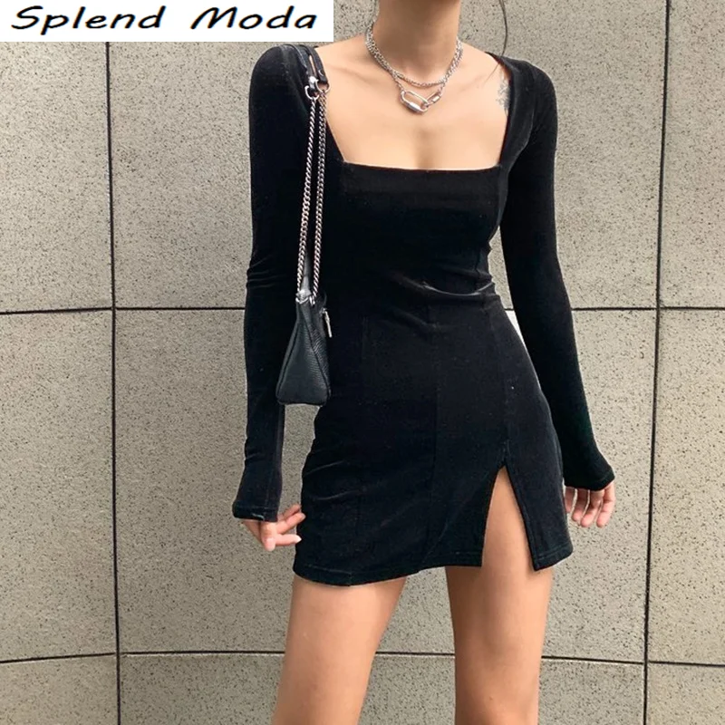 

Модное однотонное мини-платье Splend в вечернем стиле, женские сексуальные стильные облегающие платья с квадратным вырезом и разрезом, женско...