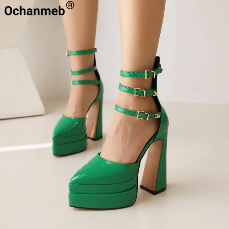 

Ochanmeb Women Super High Heel Gladiator Pumps Red Olive Green Patent Leather Buckle Pointy Toe Platform Chunky Shoes Woman Sexy