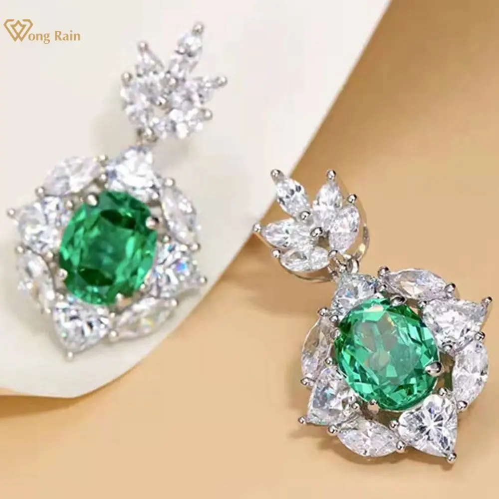 

Wong Rain 925 Sterling Silver 8*10 MM Created Moissanite Paraiba Tourmaline Gemstone Drop Dangle Earrings For Women Fine Jewelry